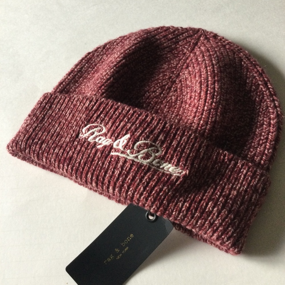 RAG AND BONE LOGO WOOL AND CASHMERE HERITAGE BEANIE UNISEX OS BURGUNDY MARL NWT